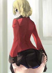Rule 34 | 1girl, ass, ass grab, bad id, bad pixiv id, black skirt, blonde hair, blue eyes, braid, closed mouth, clothes lift, commentary, cowboy shot, darjeeling (girls und panzer), epaulettes, facing away, frilled panties, frills, from behind, girls und panzer, grabbing own ass, highres, jacket, kakimoto nao, lifting own clothes, light frown, long sleeves, military, military uniform, miniskirt, panties, pleated skirt, purple panties, red jacket, short hair, skirt, skirt lift, solo, st. gloriana&#039;s military uniform, twin braids, underwear, uniform