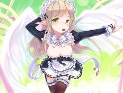 Rule 34 | 1girl, angel wings, apron, bad id, bad pixiv id, black thighhighs, blonde hair, blush, breasts, chocolate, cleavage, detached sleeves, dexp, elf, elsword, frilled thighhighs, frills, garter straps, green eyes, heart, large breasts, long hair, maid headdress, mouth hold, pointy ears, rena erindel, solo, thighhighs, valentine, wings