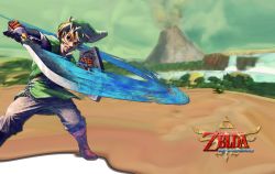 Rule 34 | 1boy, armor, blonde hair, blue eyes, boots, chainmail, cloud, copyright name, fingerless gloves, gloves, hat, highres, link, logo, nintendo, outdoors, sand, shield, sky, sword, the legend of zelda, the legend of zelda: skyward sword, tree, tunic, volcano, wallpaper, water, waterfall, weapon