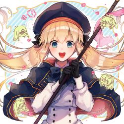 Rule 34 | 1girl, ?, artoria caster (fate), artoria caster (second ascension) (fate), artoria pendragon (fate), blonde hair, character request, fate/grand order, fate (series), gloves, green eyes, hair between eyes, hat, holding, holding staff, long hair, long sleeves, looking at viewer, nekoyamiyako, open mouth, solo, speech bubble, staff, standing, teeth, tongue, twintails, upper body