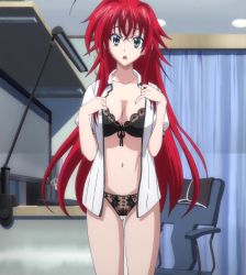 Rule 34 | 10s, 1girl, bra, breasts, demon girl, high school dxd, highres, large breasts, long hair, open mouth, panties, red hair, rias gremory, screencap, solo, standing, underwear, undressing