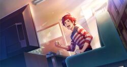 Rule 34 | 1boy, ahoge, bookshelf, clenched hands, couch, cup, facial hair, fingernails, goatee, highres, idolmaster, idolmaster side-m, idolmaster side-m growing stars, indoors, male focus, official art, open mouth, plant, red eyes, red hair, shirt, sitting, table, teeth, television, tendo teru, third-party source, upper teeth only