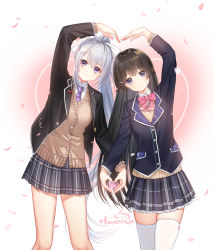 Rule 34 | 2girls, bad id, bad pixiv id, black hair, black jacket, blazer, blue eyes, blue skirt, blush, bow, bowtie, brown cardigan, cardigan, closed mouth, collared shirt, commentary request, grey skirt, hair between eyes, hair bow, hair ornament, hairclip, haneru, heart, heart hands, high ponytail, higuchi kaede, higuchi kaede (1st costume), jacket, leaning to the side, long hair, long sleeves, mole, mole under eye, multiple girls, necktie, nijisanji, open clothes, open jacket, petals, pink bow, plaid, plaid necktie, plaid neckwear, plaid skirt, pleated skirt, ponytail, purple eyes, purple necktie, red bow, red bowtie, shirt, signature, silver hair, skirt, smile, standing, thighhighs, tsukino mito, tsukino mito (1st costume), very long hair, virtual youtuber, white bow, white legwear, white shirt