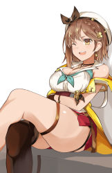 Rule 34 | 1girl, atelier (series), atelier ryza, braid, breasts, brown eyes, brown hair, cleavage, collarbone, crossed legs, drawfag, earrings, french braid, hat, highres, jewelry, key, key necklace, large breasts, necklace, red shorts, reisalin stout, shiny clothes, shiny skin, short shorts, shorts, simple background, sitting, solo, source request, star (symbol), star earrings, thick thighs, thighs, white background, yellow eyes