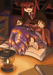 Rule 34 | 2girls, :d, bat wings, blanket, blazer, book, bookshelf, closed eyes, colored eyelashes, commentary request, covering with blanket, dark, dress shirt, head wings, highres, jacket, koakuma, lantern, library, long hair, long sleeves, multiple girls, nagamona, necktie, open book, open mouth, patchouli knowledge, purple hair, red eyes, red hair, shirt, sidelocks, sitting, sleeping, smile, touhou, voile, white shirt, wings