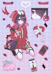 Rule 34 | 1girl, absurdres, ame-chan (needy girl overdose), animal hood, bag, bandaid, between legs, black bag, black hair, bow, cat, cellphone, character doll, commentary, demon wings, full body, hair down, hair ornament, hair over one eye, hand between legs, hand up, haneul (csky), heart, highres, hood, hood up, hoodie, long sleeves, looking at viewer, multiple views, needy girl overdose, o-ring, o-ring thigh strap, official alternate costume, phone, pill, pill bottle, purple eyes, rabbit hood, red hoodie, red nails, shoulder bag, sitting, smartphone, sparkle, syringe, thigh strap, wand, wariza, white bow, window (computing), wings, x hair ornament, yami kawaii