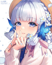 Rule 34 | 1girl, absurdres, artist name, ayaka (genshin impact), blue eyes, blue hair, blunt bangs, braid, butterfly hair ornament, commentary, falling petals, flower, genshin impact, hair flower, hair ornament, hat, highres, hira qw, holding, holding flower, kamisato ayaka, kamisato ayaka (springbloom missive), light blue hair, light blush, long sleeves, looking at viewer, mole, mole under eye, official alternate costume, parted lips, petals, portrait, shirt, short hair, simple background, smile, solo, white background, white shirt