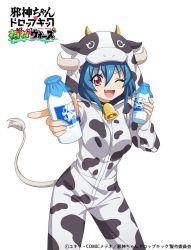 Rule 34 | 1girl, 4frogsinc, animal costume, animal print, blue hair, blush, bottle, breasts, cow costume, cow girl, cow horns, cow print, cow tail, cowbell, fang, horns, jashin-chan dropkick, looking at viewer, medium breasts, milk bottle, minos (jashin-chan dropkick), one eye closed, red eyes, shiny skin, short hair, simple background, smile, solo, tail, white background
