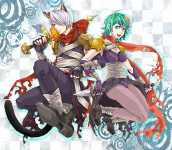 1boy, 1girl, animal ears, armor, assassin (ragnarok online), bandage, bangs, black footwear, breasts, cape, cat boy, cat ears, cat tail, checkered, checkered background, cleavage, closed mouth, commentary request, dagger, dual wielding, eyebrows visible through hair, flower, full body, green eyes, green hair, hair flower, hair ornament, hair over one eye, holding, holding dagger, holding weapon, looking at viewer, medium breasts, open mouth, pants, pantyhose, pauldrons, pink flower, piyomaru029, purple cape, purple legwear, purple pants, purple shirt, ragnarok online, red eyes, red scarf, scarf, shirt, shoes, short hair, shoulder armor, sleeveless, sleeveless shirt, smile, tail, torn cape, torn clothes, torn scarf, waist cape, weapon, white hair