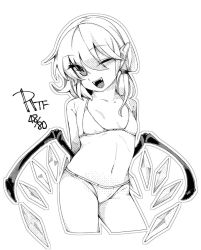 Rule 34 | 1girl, arms behind back, bare shoulders, bikini, breasts, cowboy shot, cropped legs, fangs, flandre scarlet, greyscale, halterneck, looking at viewer, monochrome, one eye closed, open mouth, pointy ears, shamo (koumakantv), small breasts, smile, solo, string bikini, swimsuit, touhou, white background, wings