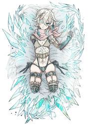 Rule 34 | 1boy, amputee, androgynous, aqua eyes, blonde hair, commentary request, crystal, elbow gloves, feather hair ornament, feathers, frown, full body, gloves, hair ornament, highres, lying, missing eye, navel, on back, original, scarf, skindentation, tattoo, towa-darkmistic, triple amputee