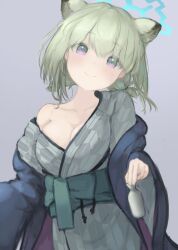 Rule 34 | 1girl, absurdres, animal ears, blue archive, blue halo, bottle, breasts, cleavage, closed mouth, collarbone, cowboy shot, green hair, green sash, grey background, hair between eyes, halo, head tilt, highres, holding, holding bottle, japanese clothes, kimono, light blush, looking at viewer, medium breasts, off shoulder, pink eyes, sash, shigure (blue archive), short hair, short twintails, simple background, single bare shoulder, smile, solo, teruriu, twintails, yukata
