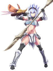 Rule 34 | 1girl, armor, black gloves, blue eyes, blue hair, boots, bracer, breasts, bug, closed mouth, full body, gloves, hair between eyes, hands up, headband, holding, holding weapon, horns, insect glaive, ishii hisao, kirin (armor), legs apart, looking at viewer, medium breasts, monster hunter (series), navel, pelvic curtain, polearm, simple background, single horn, smile, solo, spear, standing, strapless, tube top, weapon, white background