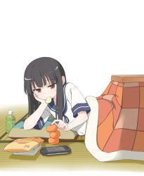 Rule 34 | 10s, 1girl, arm support, bad id, bad pixiv id, black hair, bottle, chips (food), eating, food, fruit, handheld game console, hatsuyuki (kancolle), highres, kantai collection, kotatsu, long hair, mandarin orange, mouth hold, playstation portable, plhsxf, potato chips, red eyes, solo, table