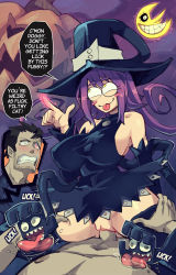 Rule 34 | 1boy, 1girl, @ @, absurdres, afterimage, bare shoulders, black dress, black headwear, blair (soul eater), blush, blush stickers, breasts, clenched teeth, clothed sex, cowgirl position, detached sleeves, dress, english text, free (soul eater), gerph, hat, hetero, highres, large breasts, licking, licking nipple, long hair, long sleeves, nipple stimulation, penis, pov, pumpkin, purple hair, pussy, sex, sharp teeth, sleeveless, solo focus, soul eater, speech bubble, straddling, teeth, tongue, tongue out, uncensored, vaginal, witch, witch hat