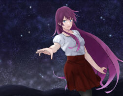 Rule 34 | 1girl, bakemonogatari, black pantyhose, blue eyes, breasts, collarbone, dress, eyelashes, feet out of frame, high-waist skirt, highres, long hair, looking at viewer, medium breasts, mikann oekaki, monogatari (series), night, night sky, open mouth, outstretched arm, pantyhose, pleated dress, puffy short sleeves, puffy sleeves, purple hair, red skirt, senjougahara hitagi, shirt, short sleeves, skirt, sky, solo, star (sky), starry sky, very long hair, white shirt