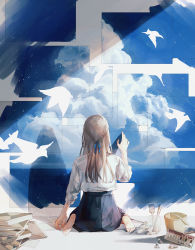 Rule 34 | 1girl, absurdres, barefoot, bird, blonde hair, blue ribbon, blue skirt, blue sky, braid, cloud, cloudy sky, drawer, facing away, from behind, full body, hair ribbon, highres, indoors, long hair, long sleeves, no shoes, notebook, ocean, original, paintbrush, painting (object), pleated skirt, ribbon, school uniform, shadow, shirt, shirt tucked in, sitting, sketchbook, skirt, sky, sleeves rolled up, soles, solo, sunlight, tnri 0404, toes, wariza, white bird, white shirt