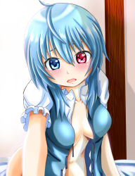 Rule 34 | 1girl, bed, blue eyes, blue hair, blush, bottomless, breasts, cleavage, ebi 193, hanging breasts, heterochromia, matching hair/eyes, no panties, open clothes, open mouth, red eyes, solo, tatara kogasa, touhou