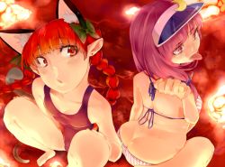 Rule 34 | 2girls, alternate costume, animal ears, ass, bare shoulders, bikini, braid, breasts, butt crack, cat ears, hair ribbon, kaenbyou rin, looking at viewer, looking away, lowleg, lowleg bikini, multiple girls, patchouli knowledge, purple eyes, purple hair, red eyes, red hair, ribbon, school swimsuit, small breasts, squatting, swimsuit, tarou-san (yotaro), tongue, tongue out, touhou, tress ribbon, twin braids