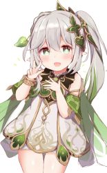 Rule 34 | 1girl, arm up, bracelet, braid, dress, genshin impact, green eyes, grey hair, hair ornament, hand on own chest, jewelry, leaf, long hair, looking at viewer, nahida (genshin impact), open mouth, pointy ears, shoes, short dress, short shorts, shorts, shorts under dress, side ponytail, sleeveless, sleeveless dress, smile, solo, thigh gap, thighs, tutsucha illust, v, white dress, white shorts