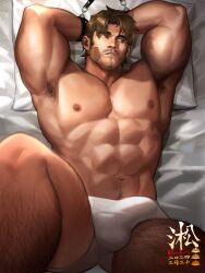 Rule 34 | 1boy, abs, absurdres, armpit hair, armpits, arms behind head, bara, bdsm, beard stubble, bondage, borrowed character, bound, bound wrists, brown hair, commission, facial hair, foreshortening, hidden hero (o2h), highres, large pectorals, looking to the side, lying, male focus, mature male, muscular, muscular male, mustache stubble, navel, navel hair, nipples, on back, on bed, outstretched leg, pectorals, powerlesssong, short hair, solo, sparse navel hair, spread legs, stomach, stubble, thick eyebrows, thick leg hair, thick thighs, thighs