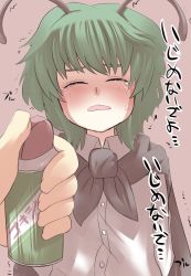 Rule 34 | 1girl, antennae, arms behind back, blush, bug repellent, bullying, cape, closed eyes, female focus, gaoo (frpjx283), green hair, open mouth, short hair, solo, spray can, sweatdrop, tears, touhou, translated, trembling, wriggle nightbug