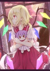 Rule 34 | 1girl, absurdres, asymmetrical wings, blonde hair, character doll, curtains, dress, dutch angle, fang, fang out, flandre scarlet, full moon, heart, heart wings, highres, jitome, light purple hair, looking to the side, moon, night, night sky, no headwear, no headwear, hugging object, objectification, objection, pointy ears, pout, puffy short sleeves, puffy sleeves, red dress, red eyes, remilia scarlet, short hair, short sleeves, side ponytail, sky, star (sky), starry sky, tears, touhou, wings, yamiarisu
