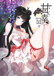 Rule 34 | 1girl, animal slippers, ass, bare legs, bare shoulders, black hair, blue eyes, blush, bunny slippers, commentary request, cover, dress, frills, hair bun, hand up, head tilt, highres, index finger raised, leg ribbon, long hair, looking at viewer, off-shoulder dress, off shoulder, original, red ribbon, ribbon, roh nam kyung, single hair bun, slippers, smile, solo, thighs, translation request, white dress, white footwear