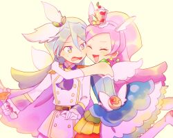 Rule 34 | 1boy, 1girl, bare shoulders, belt, boots, closed eyes, commentary request, cure parfait, cure waffle, dress, earrings, elbow gloves, gloves, hair ornament, happy tears, holding, hug, ibara (yumekui317), jewelry, kirakira precure a la mode, long hair, long sleeves, open mouth, pikario (precure), pink hair, precure, siblings, standing, standing on one leg, strapless, strapless dress, sweat, tears, white footwear