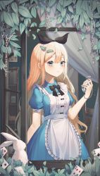 Rule 34 | 1girl, absurdres, alice in wonderland, apron, blonde hair, blue dress, blue eyes, blush, bow, breasts, closed mouth, dress, frilled apron, frills, frown, hair between eyes, hair bow, highres, huge filesize, indoors, large breasts, long hair, looking at viewer, original, pinafore dress, pocket watch, shurb, sidelocks, sleeveless dress, solo, standing, watch, window
