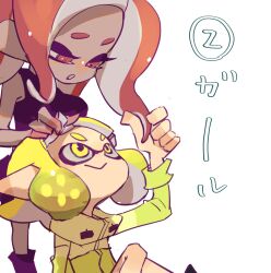 Rule 34 | 2girls, :&gt;, :o, agent 4 (splatoon), agent 8 (splatoon), blonde hair, closed mouth, dark-skinned female, dark skin, half-closed eyes, highres, holding another&#039;s hair, inkling, inkling girl, inkling player character, jacket, koike3582, long hair, looking at another, looking down, looking up, multiple girls, nintendo, octoling, octoling girl, octoling player character, open mouth, pointy ears, red eyes, red hair, short hair, simple background, sitting, smile, splatoon (series), splatoon 2, splatoon 2: octo expansion, standing, tentacle hair, white background, yellow eyes, yellow jacket