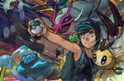 Rule 34 | &gt;:), + +, 1boy, :&gt;, antennae, araquanid, backpack, bag, bare arms, bare shoulders, baseball cap, beetle, black hair, black hat, black shirt, brown eyes, brown scarf, bug, buzzwole, caterpie, caterpillar, clenched hand, closed mouth, cockroach, creatures (company), elio (pokemon), fingernails, flexing, flying, full moon, game freak, gen 1 pokemon, gen 7 pokemon, golisopod, hand on own hip, hat, highres, holding, holding poke ball, insect, insect wings, isopod, mandibles, minato niku (cr666), moon, muscular, net ball, nintendo, on shoulder, open mouth, parted bangs, pheromosa, poke ball, pokemon, pokemon (creature), pokemon sm, ribombee, scarf, shirt, short hair, sitting, smile, spider, standing, tank top, ultra beast, v-shaped eyebrows, vikavolt, water, wings