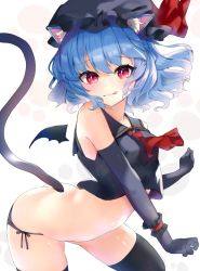 Rule 34 | 1girl, :q, alternate costume, animal ear fluff, animal ears, ascot, ass, bad anatomy, bat wings, black gloves, black hat, black serafuku, blue hair, blush, bow, breasts, bright pupils, butt crack, cat ears, cat tail, commentary request, ei tantan, elbow gloves, eyelashes, feet out of frame, frills, gloves, hat, hat bow, highres, kemonomimi mode, looking at viewer, mob cap, navel, red ascot, red bow, red eyes, red ribbon, remilia scarlet, ribbon, sailor collar, school uniform, serafuku, short hair, simple background, slit pupils, small breasts, solo, standing, stomach, tail, thighhighs, thighs, tongue, tongue out, touhou, wavy hair, white background, white pupils, wings, wrist cuffs