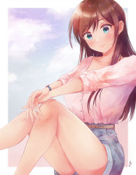 Rule 34 | 1girl, absurdres, bad anatomy, bare legs, belt, belt buckle, blue eyes, blush, breasts, brown hair, buckle, buttons, closed mouth, cloud, collarbone, denim, denim shorts, earrings, hand on own knee, highres, jewelry, kanojo okarishimasu, large breasts, long hair, long sleeves, looking at viewer, lygon, mizuhara chizuru, outstretched arms, own hands together, pink shirt, pocket, shirt, shorts, sitting, sky, sleeves rolled up, smile, solo, thighs, watch, wristwatch