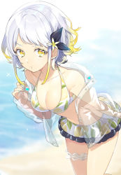 Rule 34 | 1girl, :i, absurdres, beach, bikini, black ribbon, blonde hair, blue nails, blurry, blurry background, breasts, cleavage, closed mouth, collarbone, commentary request, cowboy shot, day, depth of field, diagonal stripes, food print, frilled bikini, frills, hair ribbon, highres, jacket, leaning forward, bridal garter, lemon print, long sleeves, looking at viewer, medium breasts, multicolored hair, multicolored nails, nail polish, navel, ocean, outdoors, red nails, ribbon, see-through, sogawa, solo, striped, striped nails, swimsuit, thighs, virtual youtuber, white hair, yellow bikini, yellow eyes, yuzuha (channel), yuzuha (yuzuha virtual)