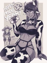 Rule 34 | 2021, 2girls, animal ears, animal print, asami sato, avatar legends, bandeau, bell, neck bell, blush, bottle, breasts, chibi, chibi inset, chinese zodiac, choker, cleavage, commentary, cow ears, cow horns, cow print, cowbell, cropped legs, english commentary, fake animal ears, fake horns, garter belt, garter straps, greyscale, hair tubes, happy new year, hat, horns, iahfy, invisible chair, korra, licking lips, long hair, medium breasts, milk bottle, monochrome, multiple girls, narrow waist, navel, new year, nose blush, overalls, panties, ponytail, print legwear, shrug (clothing), sitting, skindentation, solo focus, straw hat, the legend of korra, thick thighs, thighhighs, thighs, tongue, tongue out, underwear, year of the ox, yuri