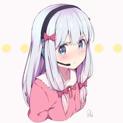 Rule 34 | &gt;:t, 10s, 1girl, :t, arms at sides, artist name, azumi akitake, blue eyes, blush, bow, commentary request, eromanga sensei, hair between eyes, hair ribbon, headset, izumi sagiri, long hair, looking at viewer, microphone, pajamas, pink bow, pout, ribbon, sidelocks, signature, silver hair, simple background, v-shaped eyebrows, white background
