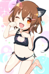 Rule 34 | 10s, 1girl, animal ears, bad id, bad pixiv id, bell, bell (oppore coppore), neck bell, black bra, black dress, bra, brown eyes, brown hair, cat cutout, cat ear panties, cat ears, cat lingerie, cat tail, cleavage cutout, clothing cutout, collar, dress, fang, hair ornament, hairclip, highres, ikazuchi (kancolle), jingle bell, kantai collection, kemonomimi mode, looking at viewer, meme attire, navel, one eye closed, open mouth, panties, paw pose, side-tie panties, sitting, smile, solo, tail, underwear, underwear only, wariza