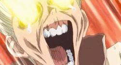 Rule 34 | 1boy, animated, animated gif, blonde hair, dr. stone, glowing, glowing eyes, green hair, ishigami senkuu, looping animation, lowres, male focus, multicolored hair, open mouth, screencap, solo, tears, teeth