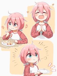 Rule 34 | 1girl, :&gt;, :d, aged down, ahoge, apple, apple slice, aqua eyes, child, closed eyes, doyagao, eating, food, fruit, highres, kagamihara nadeshiko, long hair, open mouth, own hands together, pink hair, plate, punitaira, simple background, smile, smug, twintails, yurucamp