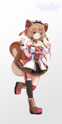 Rule 34 | 1girl, adapted costume, alternate costume, animal ears, ayunda risu, bare shoulders, blush, breasts, brown hair, clenched hands, copyright name, green eyes, highres, hololive, hololive indonesia, idol clothes, kobi (piliheros2000), looking at viewer, medium breasts, short twintails, smile, solo, squirrel ears, squirrel girl, squirrel tail, standing, standing on one leg, tail, thighhighs, twintails, virtual youtuber