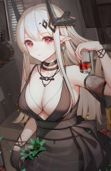 Rule 34 | 1girl, absurdres, arknights, black dress, black gloves, blonde hair, breasts, cleavage, closed mouth, dress, earrings, gloves, highres, horns, jean.organ, jewelry, large breasts, long hair, looking at viewer, mudrock (arknights), necklace, red eyes, solo, standing