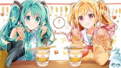 Rule 34 | 2girls, :3, absurdres, aqua eyes, aqua hair, aqua necktie, bare shoulders, black sleeves, blonde hair, chopsticks, closed mouth, commentary request, detached sleeves, excited, fork, gradient hair, hatsune miku, headphones, headset, highres, holding, holding own hair, kettle, long hair, long sleeves, microphone, multicolored hair, multiple girls, murakami yuichi, necktie, nissin cup noodle, official art, pink hair, project sekai, shirt, sidelocks, soap, sparkle, table, tenma saki, twintails, very long hair, vocaloid, white shirt, yellow eyes