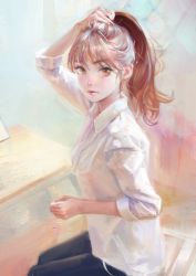 Rule 34 | 1girl, adjusting hair, brown eyes, brown hair, character request, collared shirt, copyright request, from side, hand in own hair, lips, looking at viewer, nababa, ponytail, shirt, sketch, sleeves rolled up, solo, white shirt