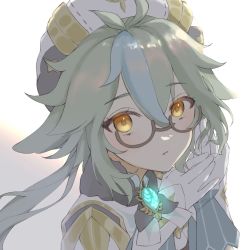 Rule 34 | 1girl, blush, face, genshin impact, glasses, gloves, green hair, hair between eyes, hat, highres, looking at viewer, parted lips, simple background, solo, sucrose (genshin impact), white background, yellow eyes