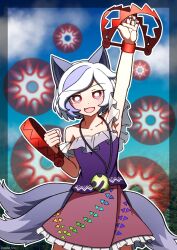 Rule 34 | 1girl, animal ears, arm up, bear trap, blush, collarbone, cowboy shot, dog ears, dog tail, fang, bear trap, frilled skirt, frills, grey hair, highres, hoshii 1213, mitsugashira enoko, multiple tails, open mouth, pink skirt, purple hair, purple shirt, red eyes, shirt, short hair, short sleeves, skirt, smile, solo, tail, touhou, unfinished dream of all living ghost