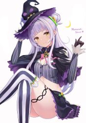 Rule 34 | 1girl, black gloves, blunt bangs, buttons, character name, closed mouth, gloves, hair bun, hair ornament, hat, headband, highres, hololive, light purple hair, long hair, midriff, murasaki shion, murasaki shion (1st costume), nagiha kuten, parted lips, pinstripe pattern, pinstripe shirt, shirt, single hair bun, single side bun, smile, solo, striped clothes, striped shirt, striped thighhighs, thighhighs, vertical-striped clothes, vertical-striped shirt, vertical-striped thighhighs, virtual youtuber, white background, witch hat, yellow eyes
