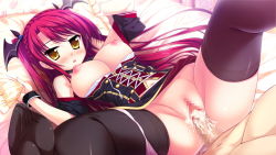 Rule 34 | 1girl, bed, black thighhighs, blush, breasts, breasts out, censored, cum, cum in pussy, dress, game cg, long hair, looking at viewer, luce yami asutarite, lying, magical marriage lunatics!!, nipples, on back, panties, panties around leg, penis, pillow, pink panties, pussy, red hair, sex, spread legs, thighhighs, underwear, vaginal, yamakaze ran, yellow eyes