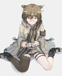 Rule 34 | 1girl, arknights, black footwear, black thighhighs, brown eyes, brown hair, commentary request, feather hair, glasses, grey background, grey jacket, highres, jacket, long sleeves, looking at viewer, partial commentary, shoes, short hair, silence (arknights), simple background, single thighhigh, sitting, solo, thighhighs, unu (unucence), wariza