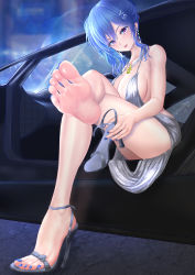 Rule 34 | 1girl, absurdres, azur lane, backless dress, backless outfit, bare legs, barefoot, blue hair, blue nails, bulky sun, car, car interior, crossed legs, dress, earrings, evening gown, feet, foot focus, foreshortening, grey dress, hair between eyes, hair ornament, hairclip, halter dress, halterneck, high heels, highres, jewelry, legs, looking at viewer, motor vehicle, nail polish, necklace, night, night sky, pink eyes, pink lips, plunging neckline, revealing clothes, shoes, unworn shoes, side ponytail, sidelocks, silver dress, silver footwear, sky, soles, st. louis (azur lane), st. louis (luxurious wheels) (azur lane), thighs